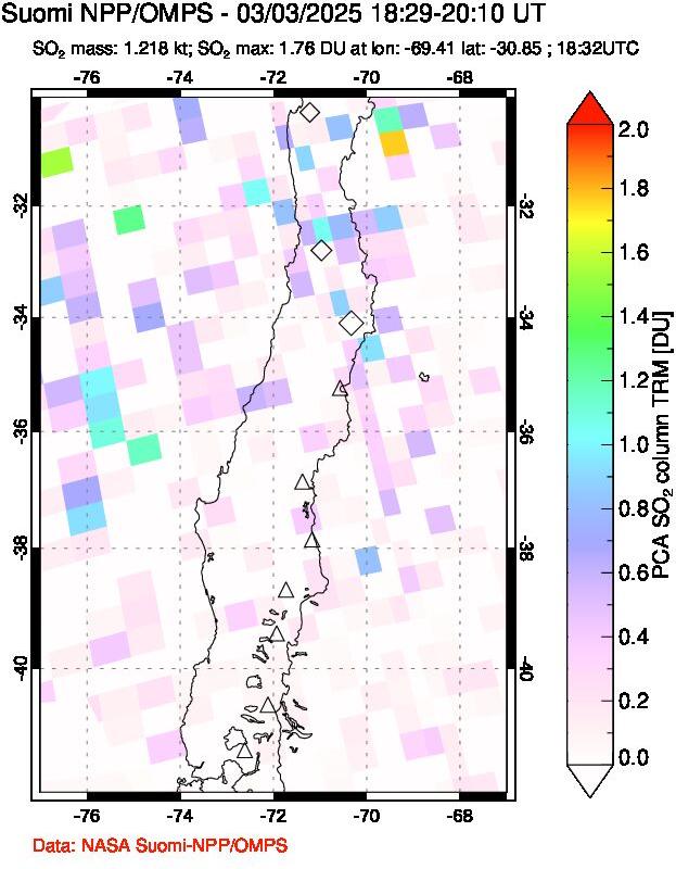 A sulfur dioxide image over Central Chile on Mar 03, 2025.