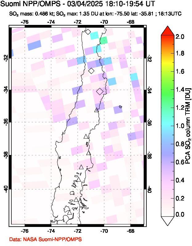 A sulfur dioxide image over Central Chile on Mar 04, 2025.