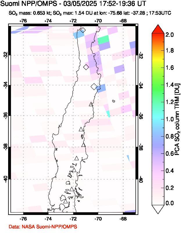 A sulfur dioxide image over Central Chile on Mar 05, 2025.