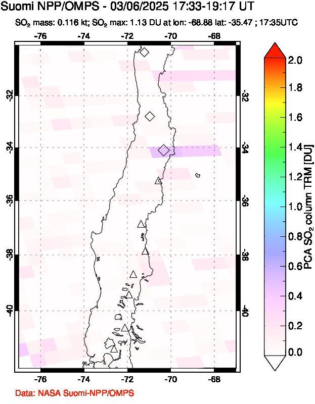 A sulfur dioxide image over Central Chile on Mar 06, 2025.