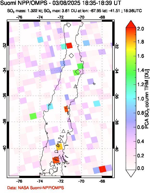 A sulfur dioxide image over Central Chile on Mar 08, 2025.