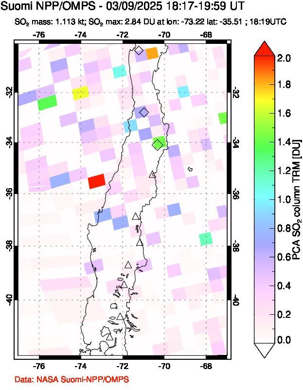 A sulfur dioxide image over Central Chile on Mar 09, 2025.