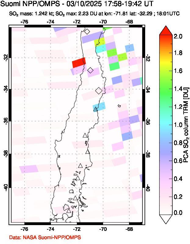 A sulfur dioxide image over Central Chile on Mar 10, 2025.