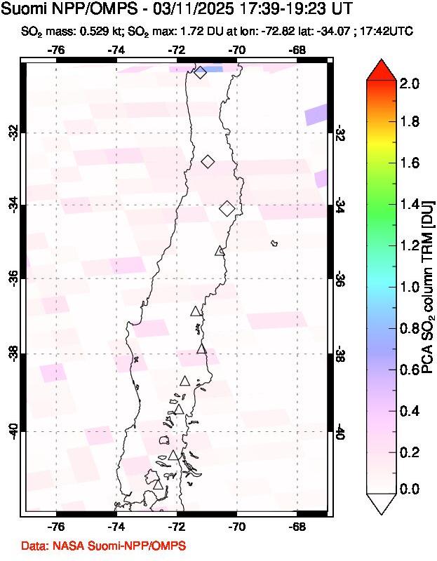 A sulfur dioxide image over Central Chile on Mar 11, 2025.