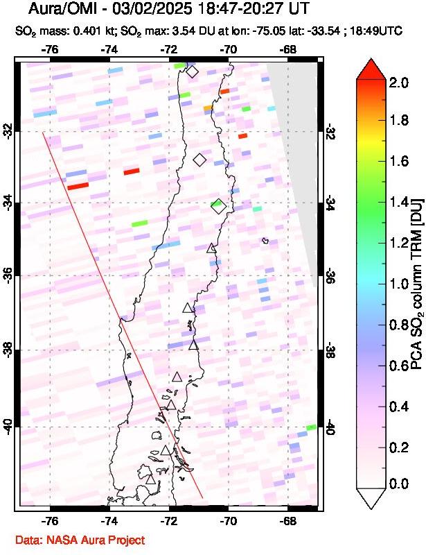 A sulfur dioxide image over Central Chile on Mar 02, 2025.