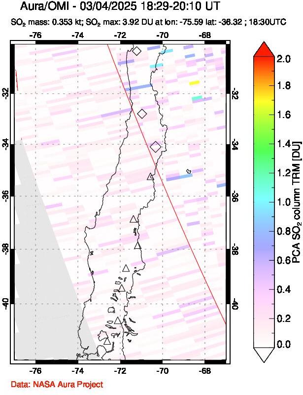 A sulfur dioxide image over Central Chile on Mar 04, 2025.