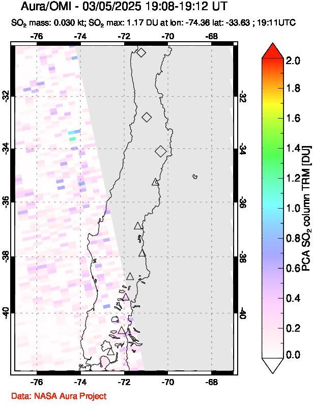 A sulfur dioxide image over Central Chile on Mar 05, 2025.