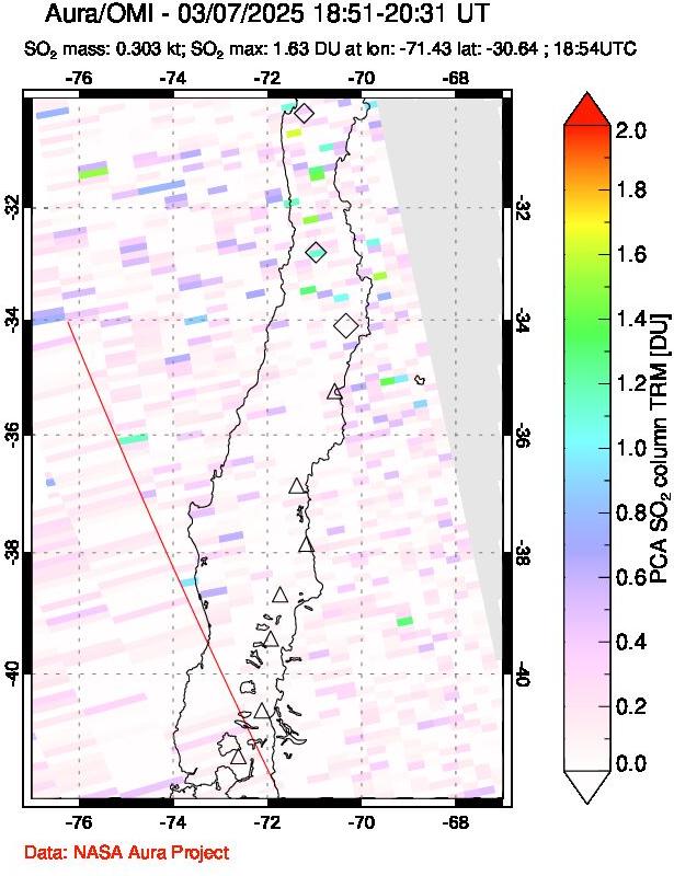 A sulfur dioxide image over Central Chile on Mar 07, 2025.