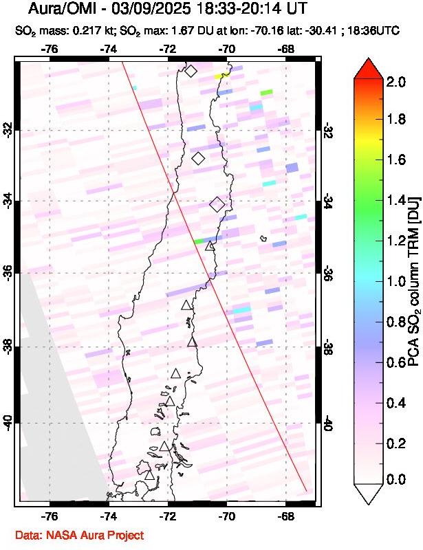 A sulfur dioxide image over Central Chile on Mar 09, 2025.