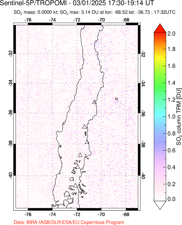 A sulfur dioxide image over Central Chile on Mar 01, 2025.