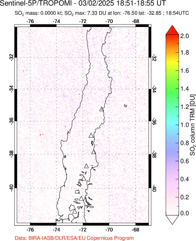 A sulfur dioxide image over Central Chile on Mar 02, 2025.