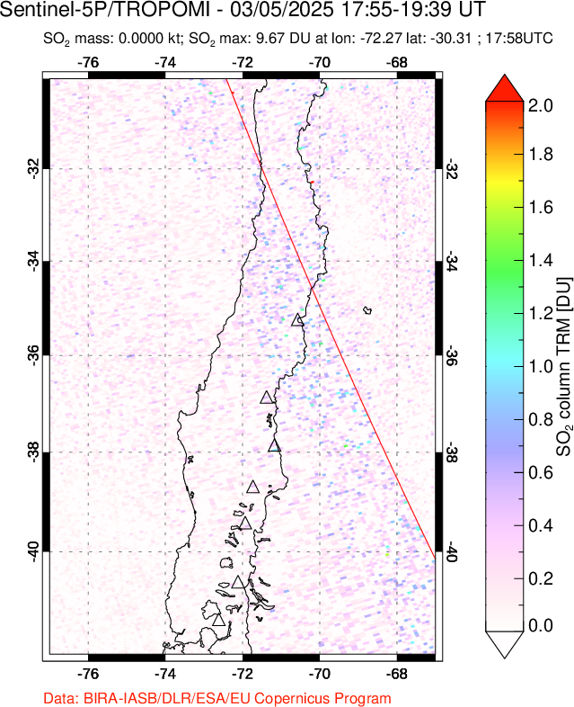 A sulfur dioxide image over Central Chile on Mar 05, 2025.