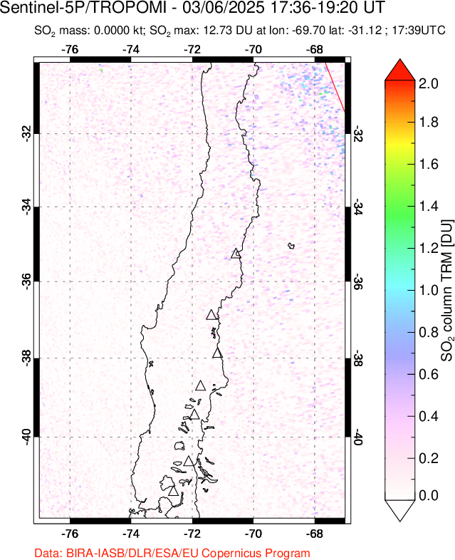 A sulfur dioxide image over Central Chile on Mar 06, 2025.