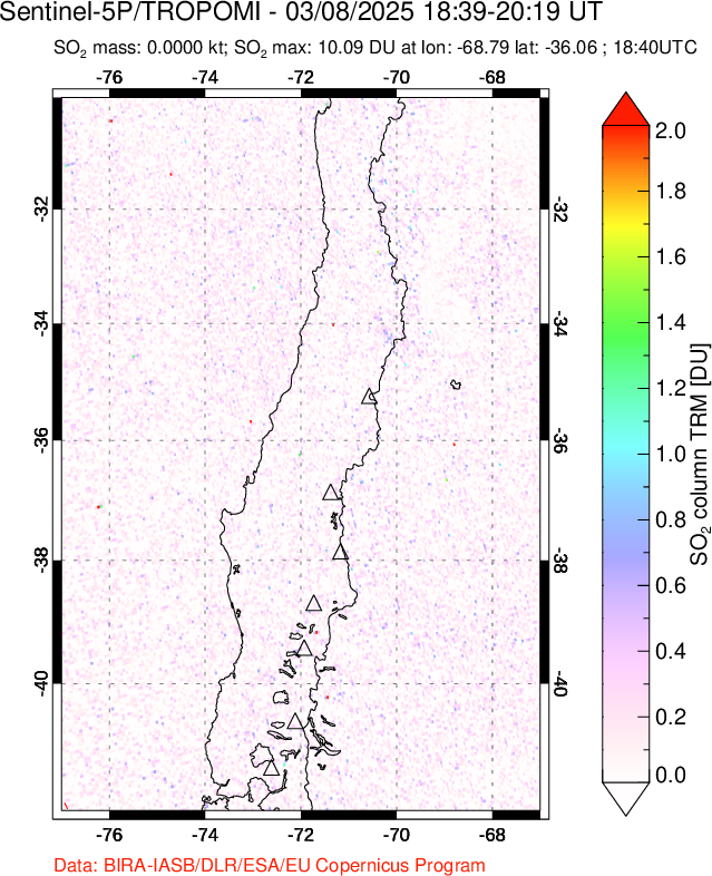 A sulfur dioxide image over Central Chile on Mar 08, 2025.