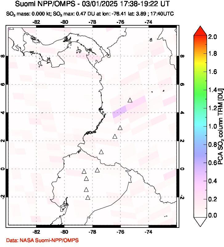 A sulfur dioxide image over Ecuador on Mar 01, 2025.