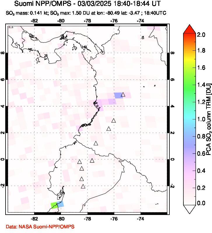 A sulfur dioxide image over Ecuador on Mar 03, 2025.