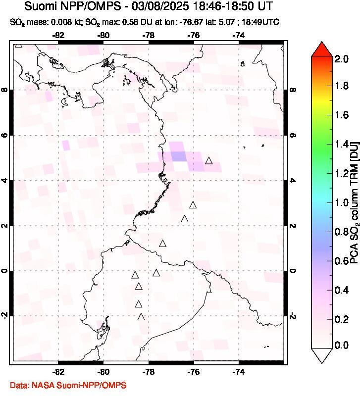 A sulfur dioxide image over Ecuador on Mar 08, 2025.