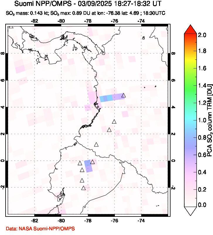 A sulfur dioxide image over Ecuador on Mar 09, 2025.