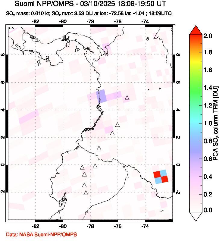 A sulfur dioxide image over Ecuador on Mar 10, 2025.