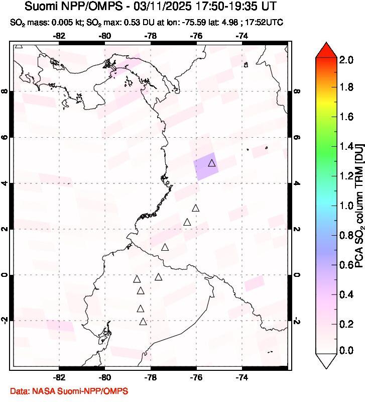 A sulfur dioxide image over Ecuador on Mar 11, 2025.