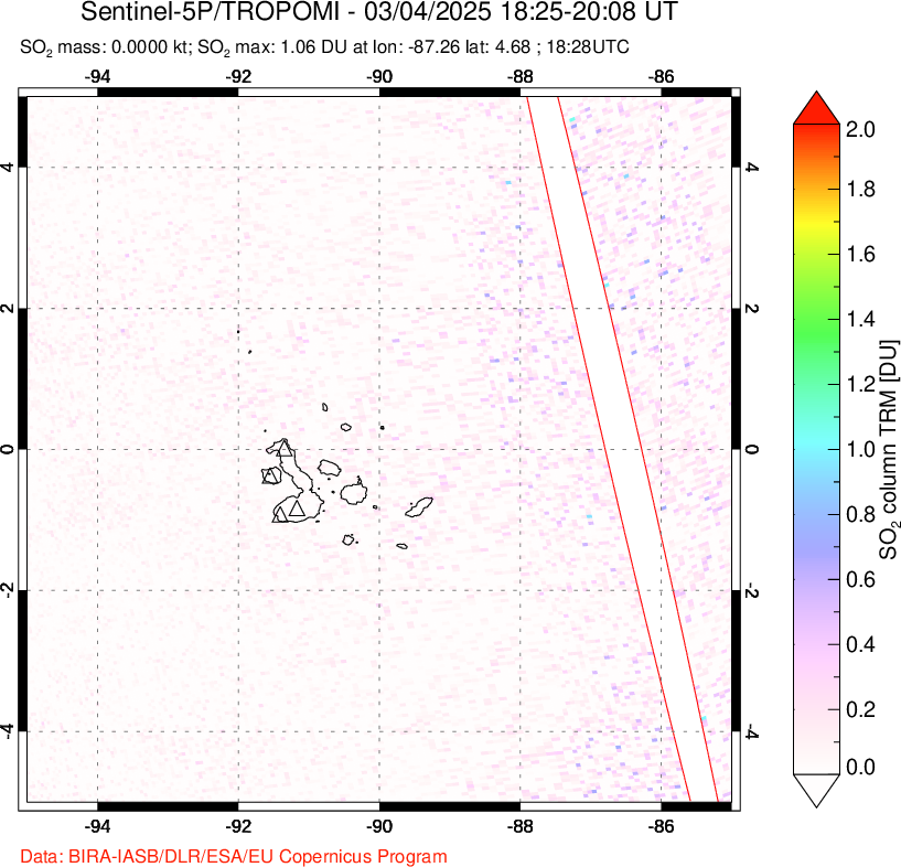 A sulfur dioxide image over Galápagos Islands on Mar 04, 2025.