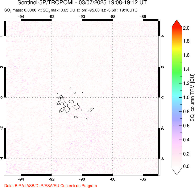 A sulfur dioxide image over Galápagos Islands on Mar 07, 2025.