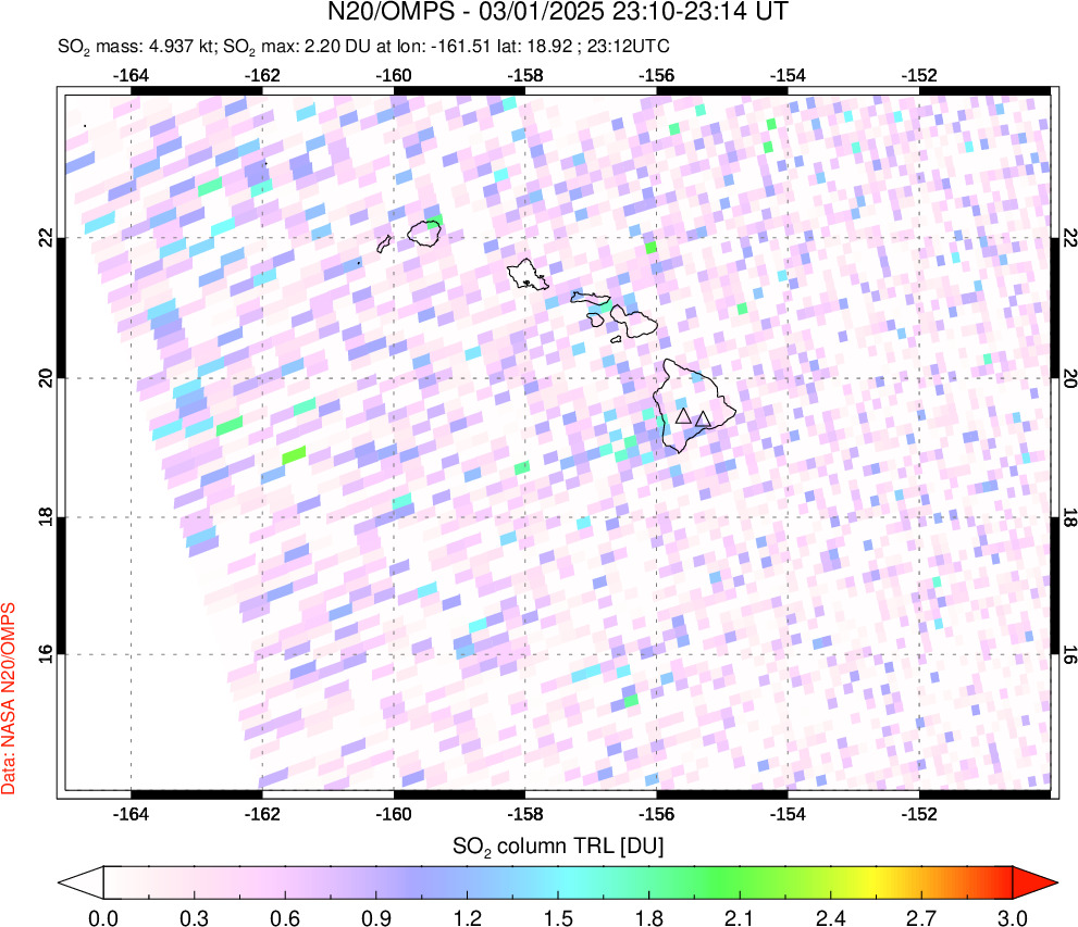 A sulfur dioxide image over Hawaii, USA on Mar 01, 2025.