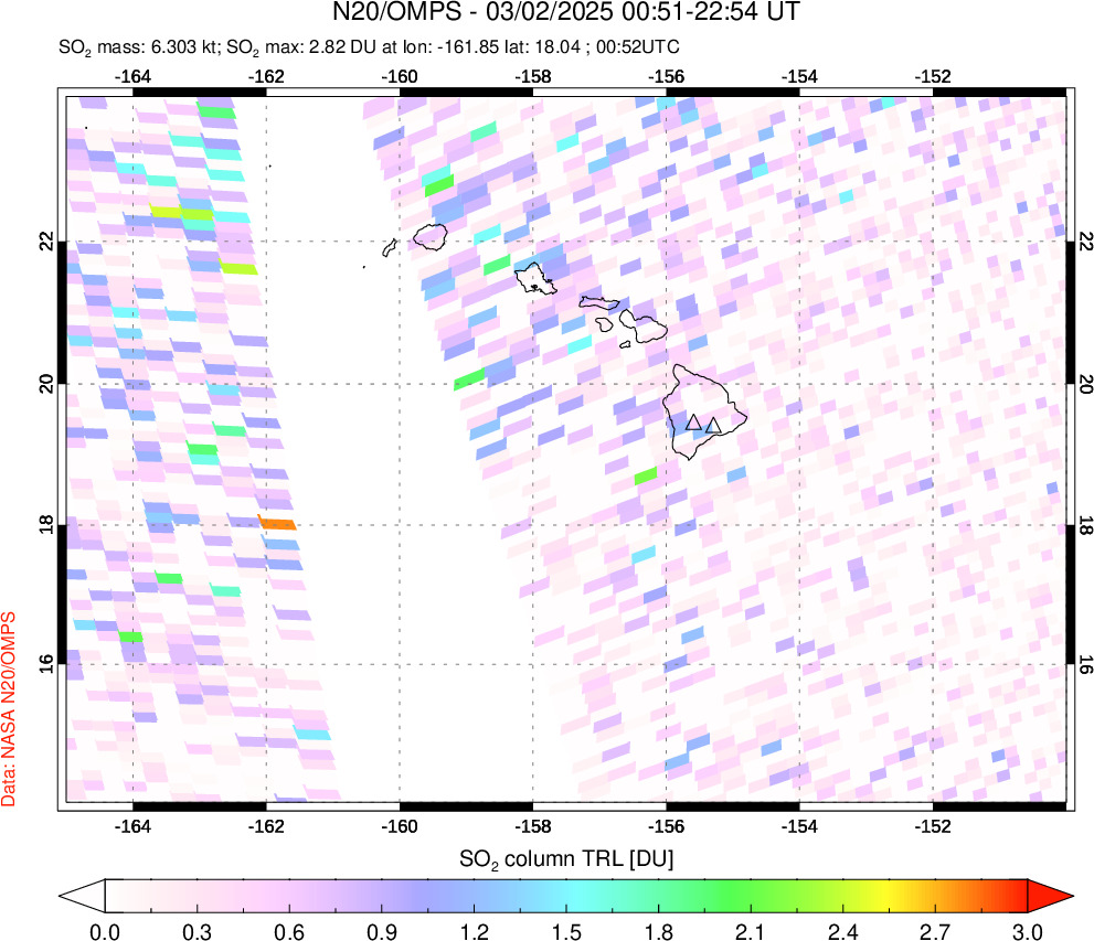 A sulfur dioxide image over Hawaii, USA on Mar 02, 2025.