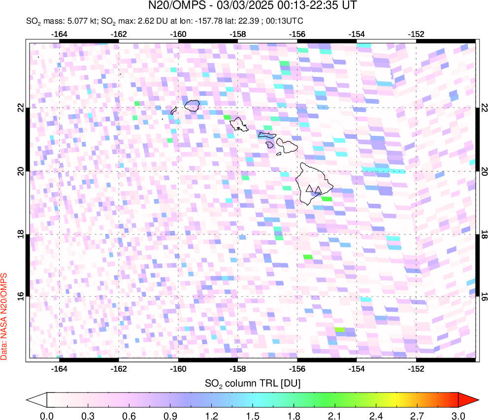 A sulfur dioxide image over Hawaii, USA on Mar 03, 2025.