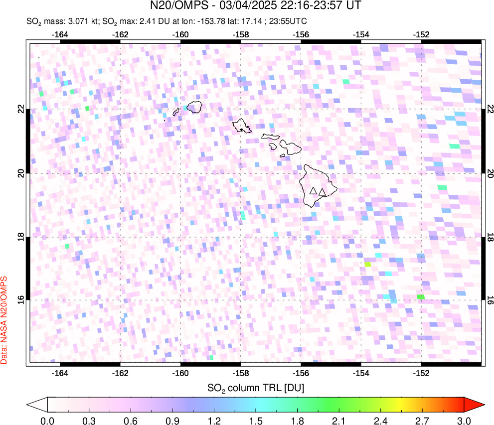 A sulfur dioxide image over Hawaii, USA on Mar 04, 2025.