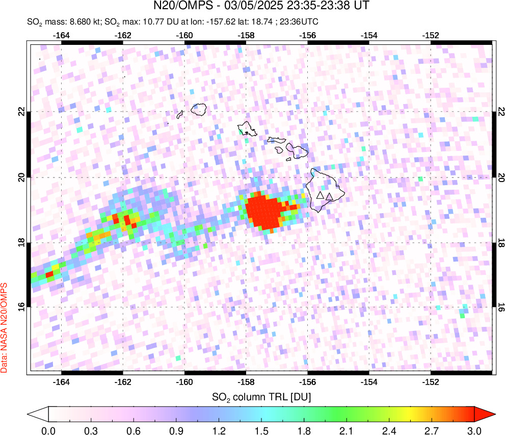 A sulfur dioxide image over Hawaii, USA on Mar 05, 2025.