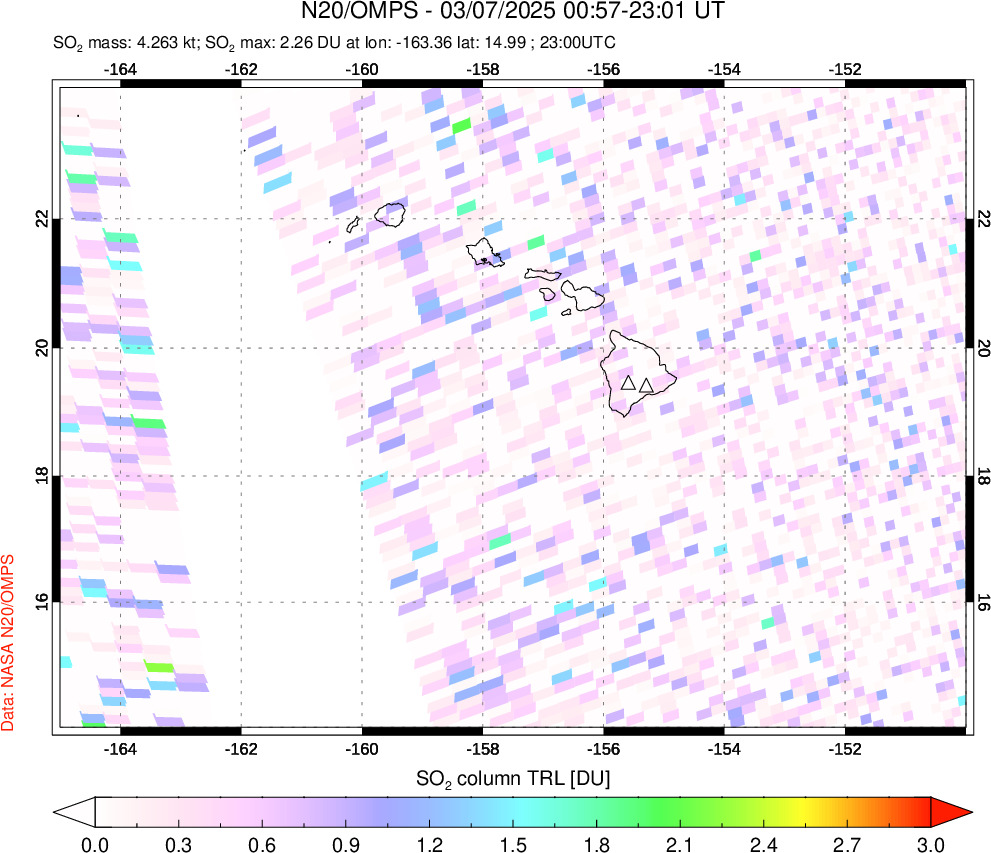 A sulfur dioxide image over Hawaii, USA on Mar 07, 2025.