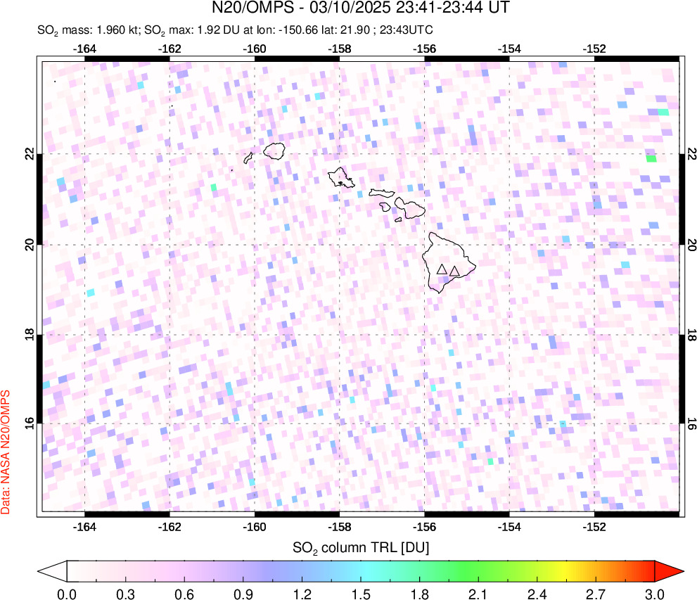 A sulfur dioxide image over Hawaii, USA on Mar 10, 2025.