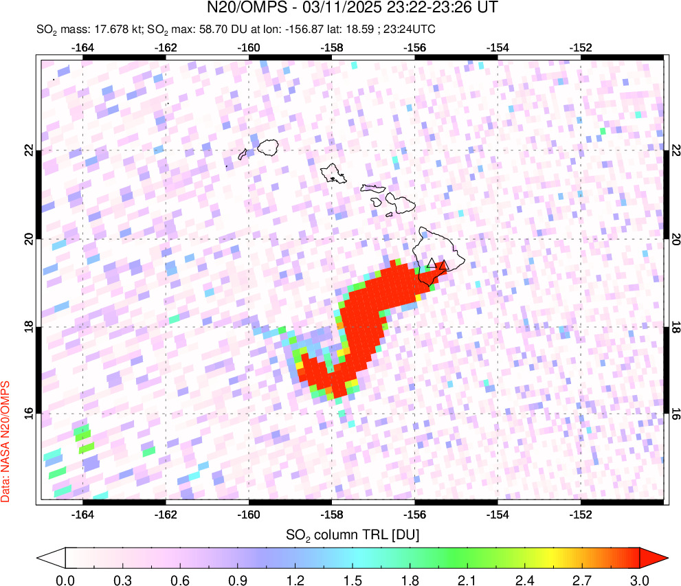 A sulfur dioxide image over Hawaii, USA on Mar 11, 2025.