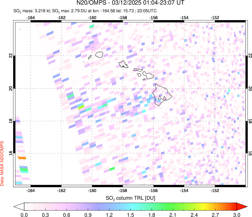 A sulfur dioxide image over Hawaii, USA on Mar 12, 2025.