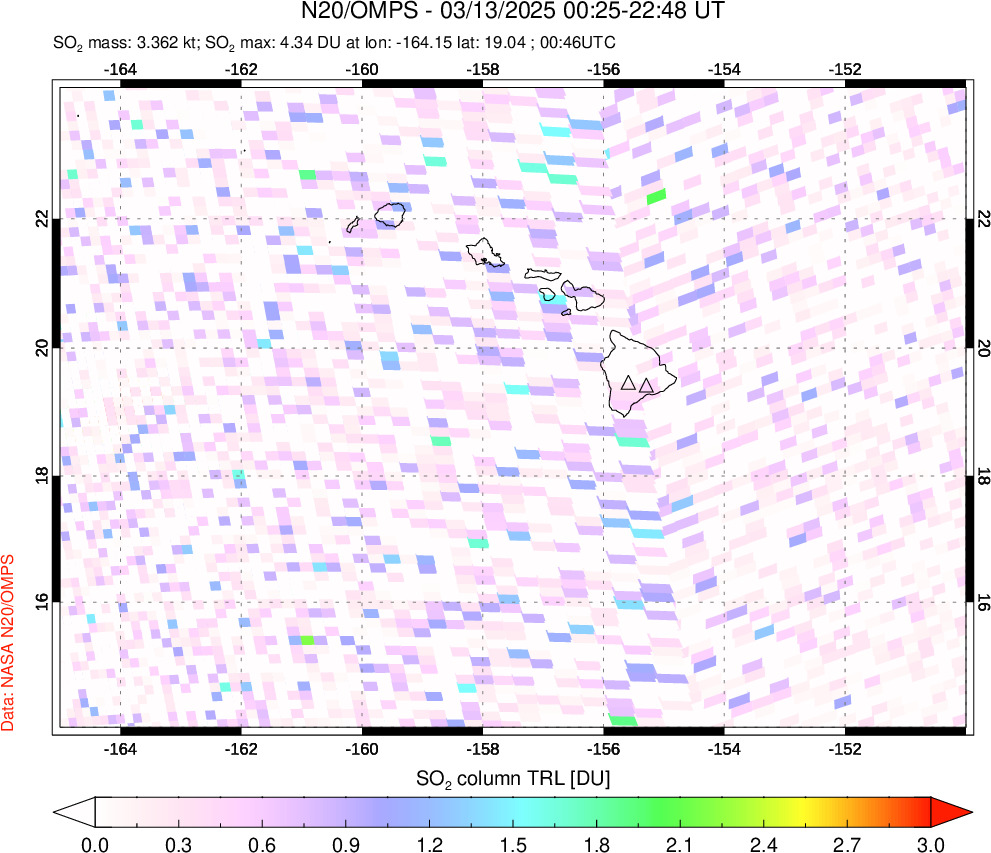 A sulfur dioxide image over Hawaii, USA on Mar 13, 2025.