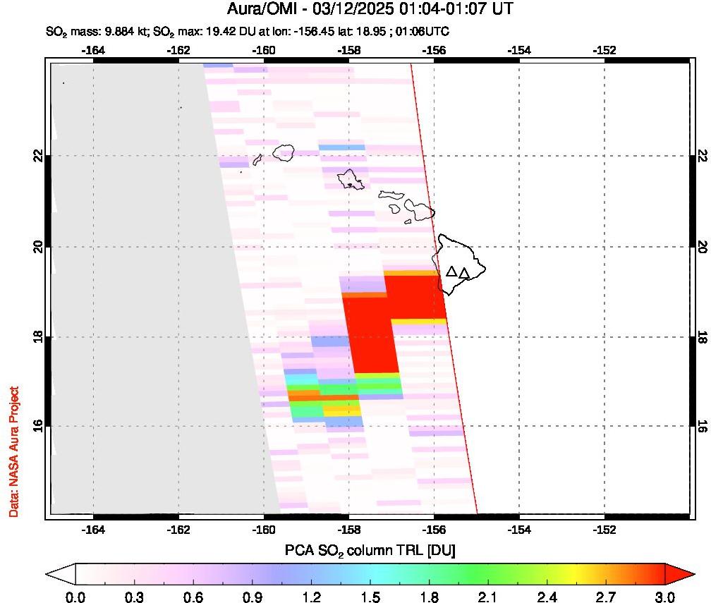 A sulfur dioxide image over Hawaii, USA on Mar 12, 2025.