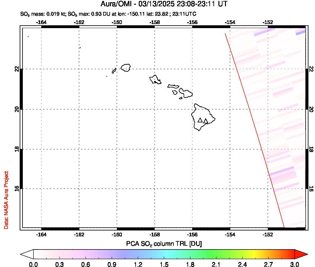 A sulfur dioxide image over Hawaii, USA on Mar 13, 2025.