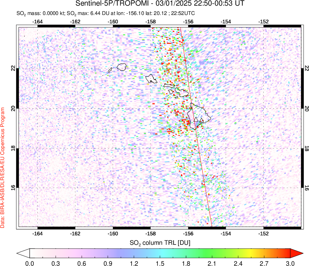 A sulfur dioxide image over Hawaii, USA on Mar 01, 2025.