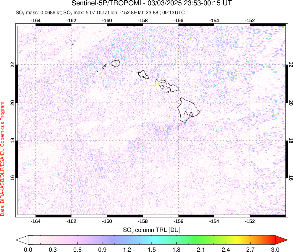 A sulfur dioxide image over Hawaii, USA on Mar 03, 2025.