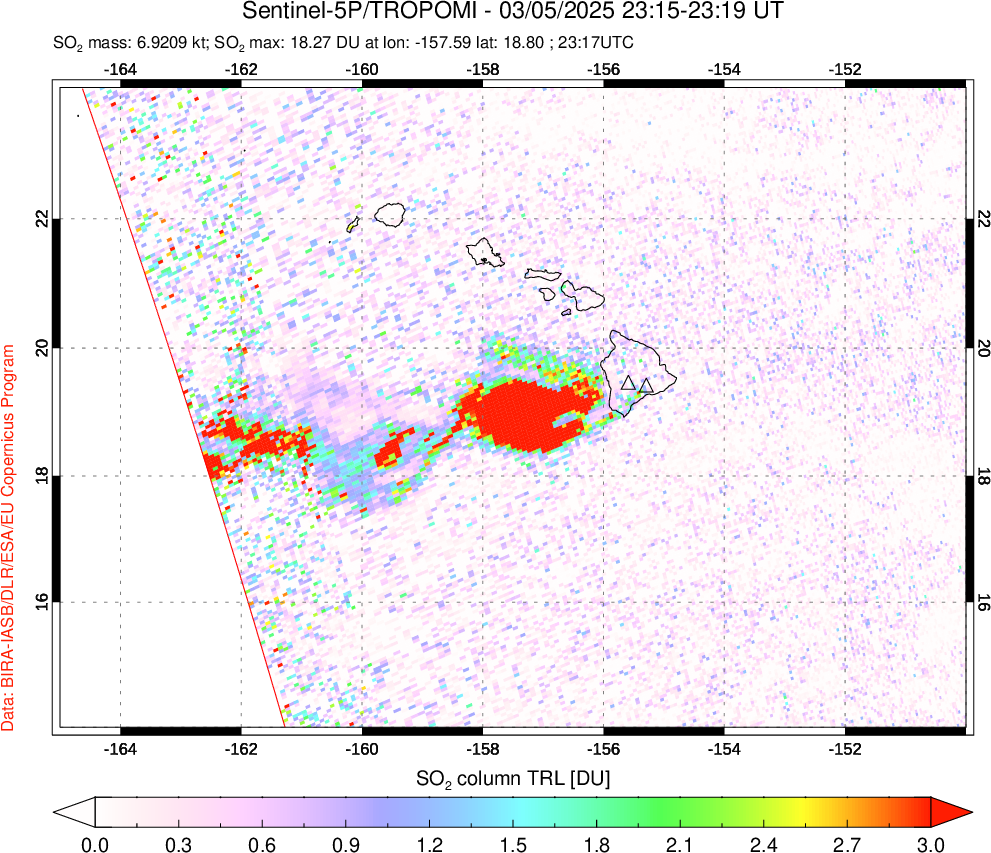 A sulfur dioxide image over Hawaii, USA on Mar 05, 2025.