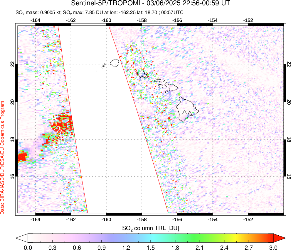 A sulfur dioxide image over Hawaii, USA on Mar 06, 2025.