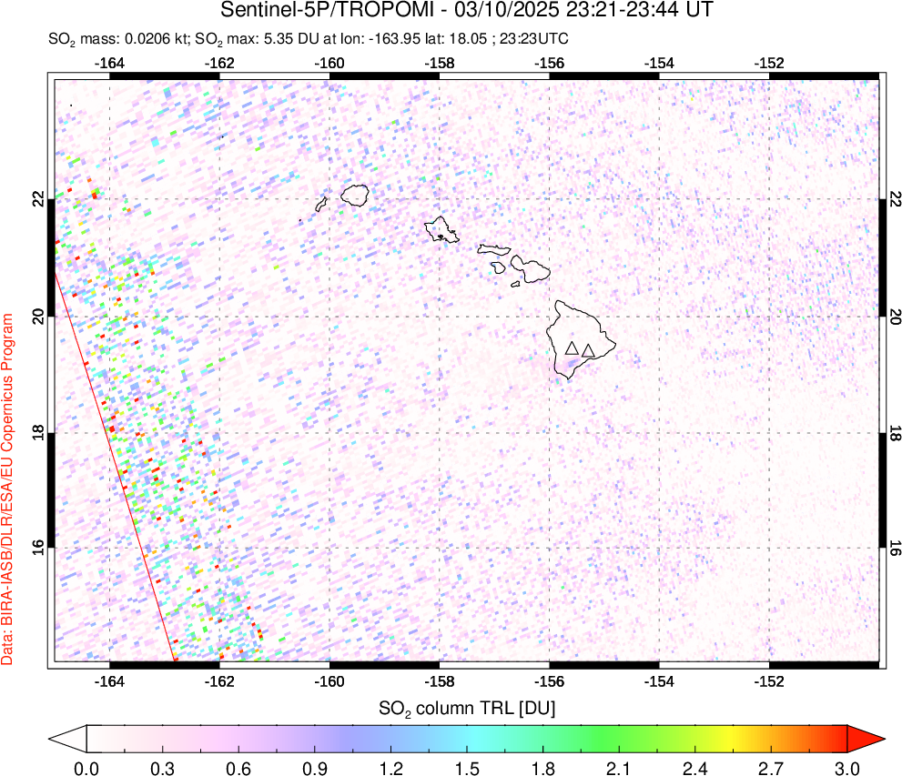 A sulfur dioxide image over Hawaii, USA on Mar 10, 2025.