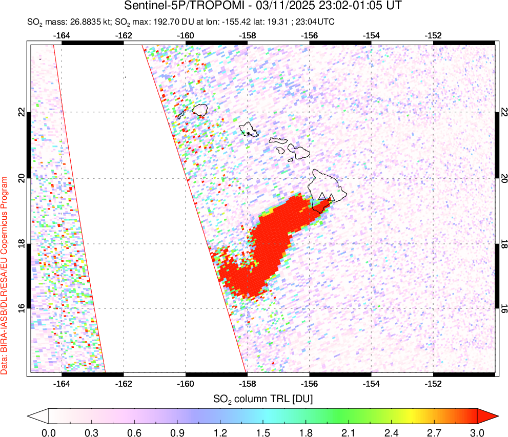 A sulfur dioxide image over Hawaii, USA on Mar 11, 2025.