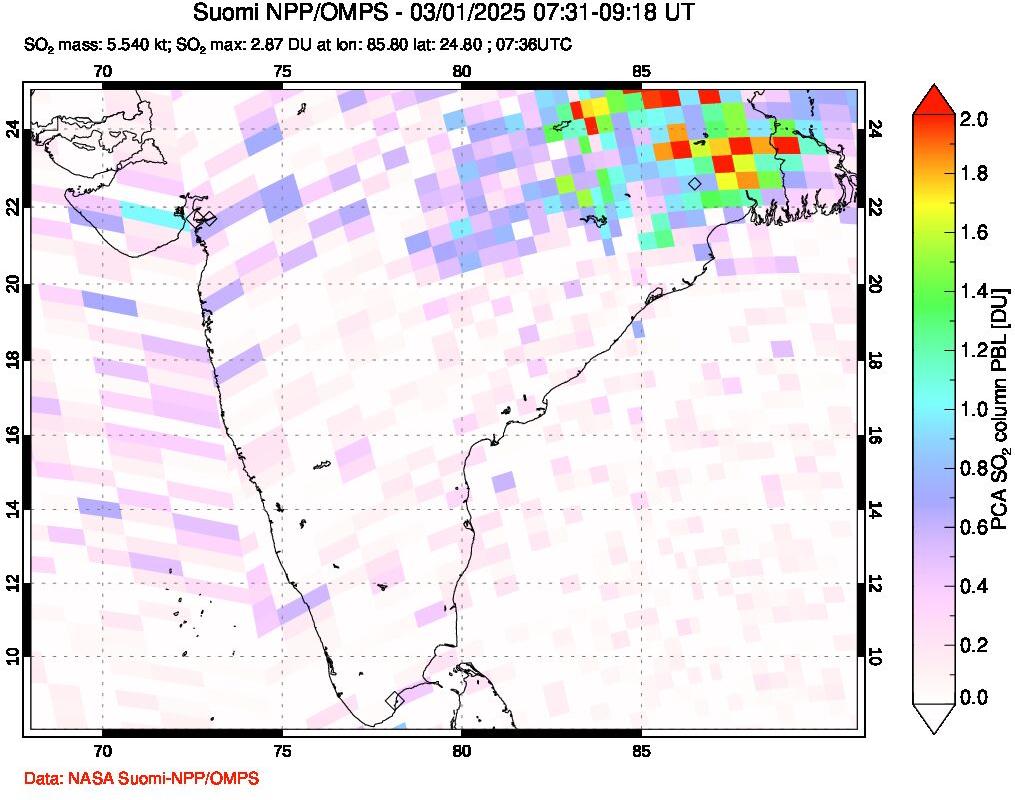 A sulfur dioxide image over India on Mar 01, 2025.