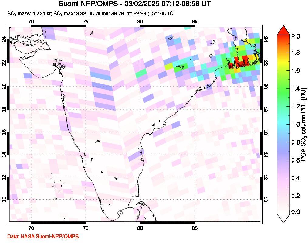 A sulfur dioxide image over India on Mar 02, 2025.