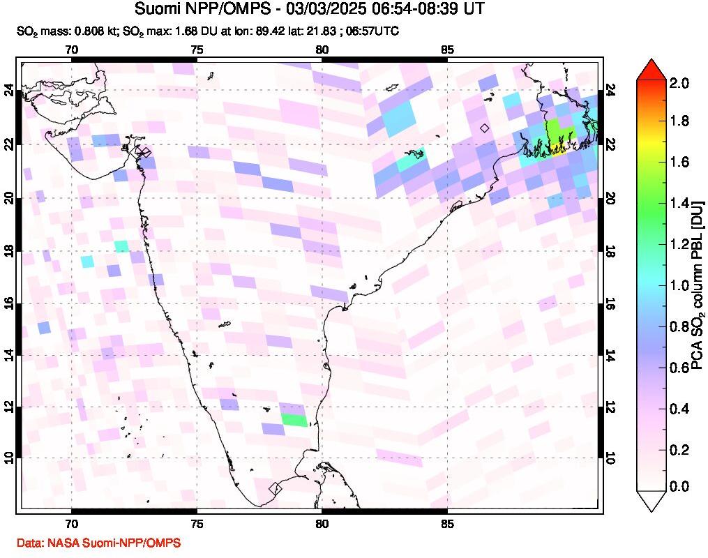 A sulfur dioxide image over India on Mar 03, 2025.