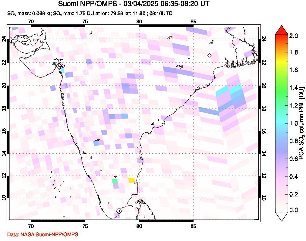 A sulfur dioxide image over India on Mar 04, 2025.