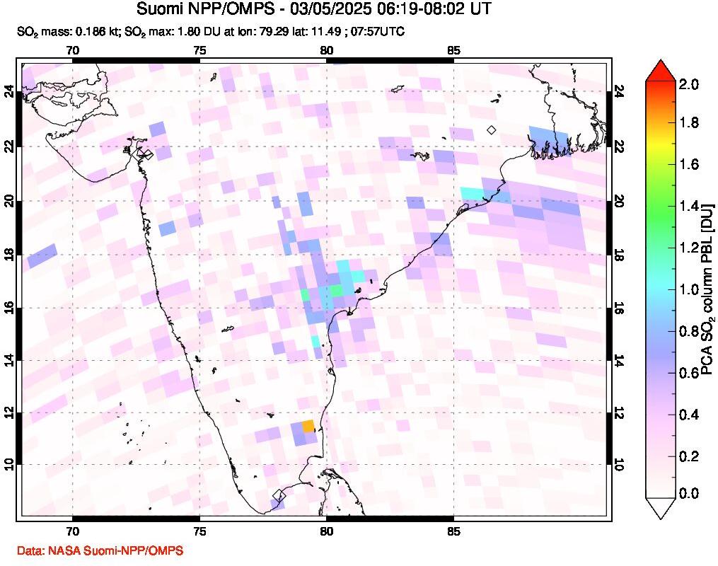 A sulfur dioxide image over India on Mar 05, 2025.