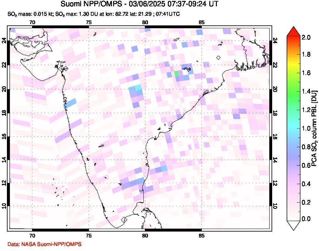 A sulfur dioxide image over India on Mar 06, 2025.